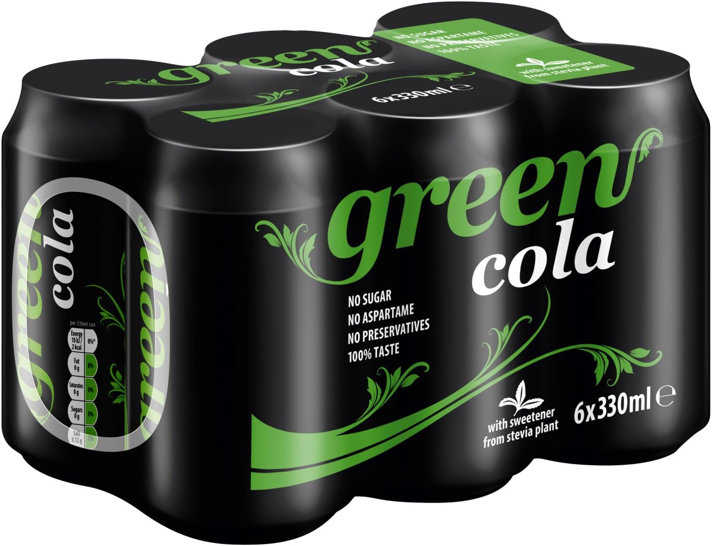 Green Cola Cans 24 Pack, No Sugar Soft Drink, 0 Calories, No Aspartame, Natural Caffeine, 100% Taste - 4 x 6 Pack of 330 ml (24 Cans Total)