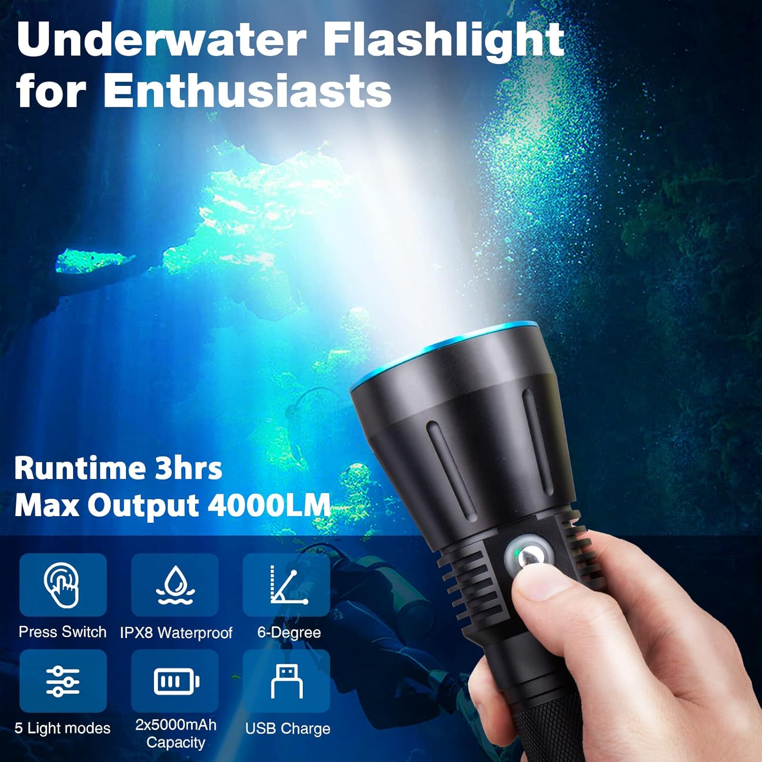 Dive Light DV16 4000 Lumens Dive Lights Scuba Diving IPX8 Waterproof Underwater Flashlight for Diving Snorkeling Caving Scuba Gear with Rechargeable Batteries and USB Charger