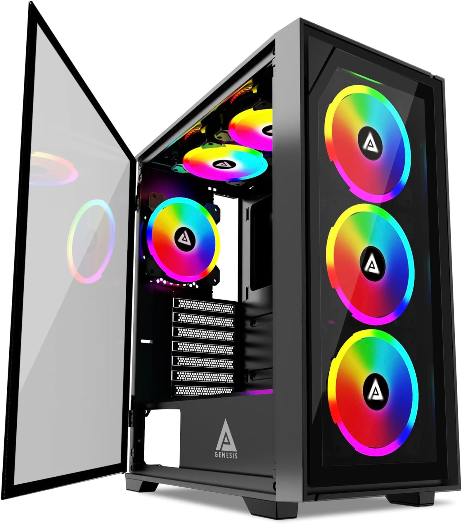 Genesis Pro G-PRO-BK Mid Tower Gaming Case with 2 x Tempered Glass Panel, Top USB3.0/USB2.0/Audio Ports, 6 x RGB Fans, Black Frame