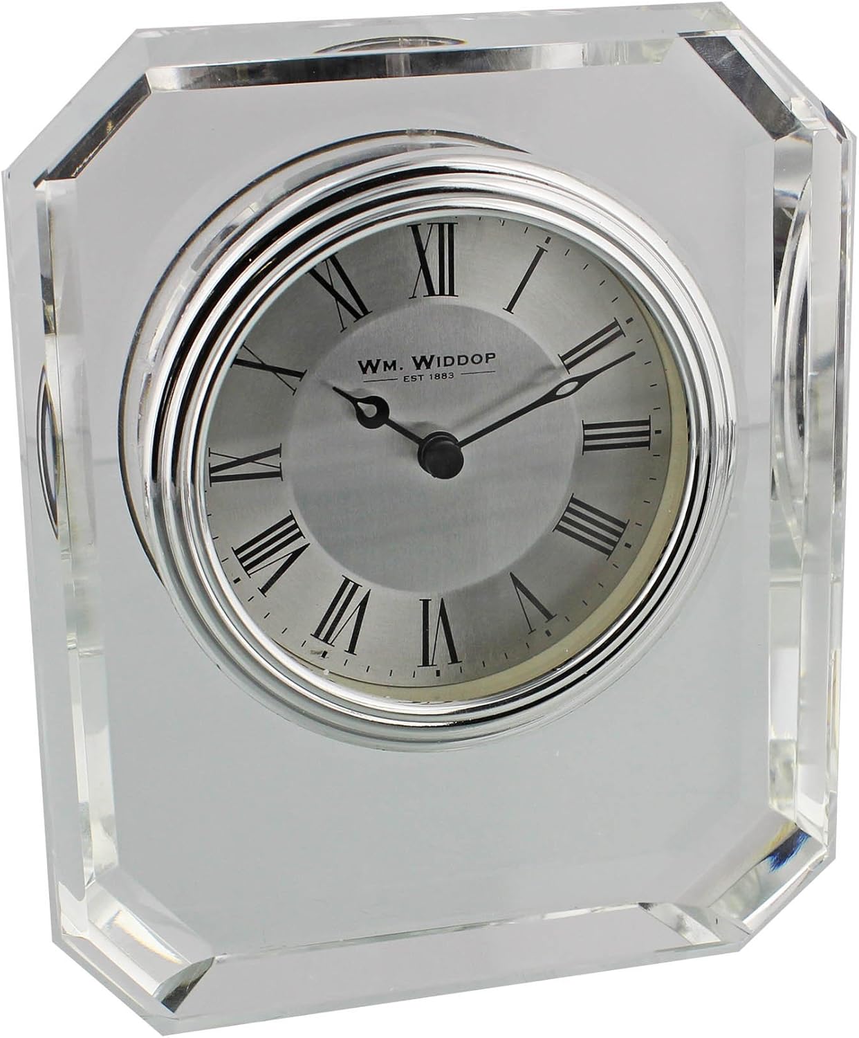 Widdop & Co Glass Mantel Clock Silver Bezel Roman Dial Desk Table