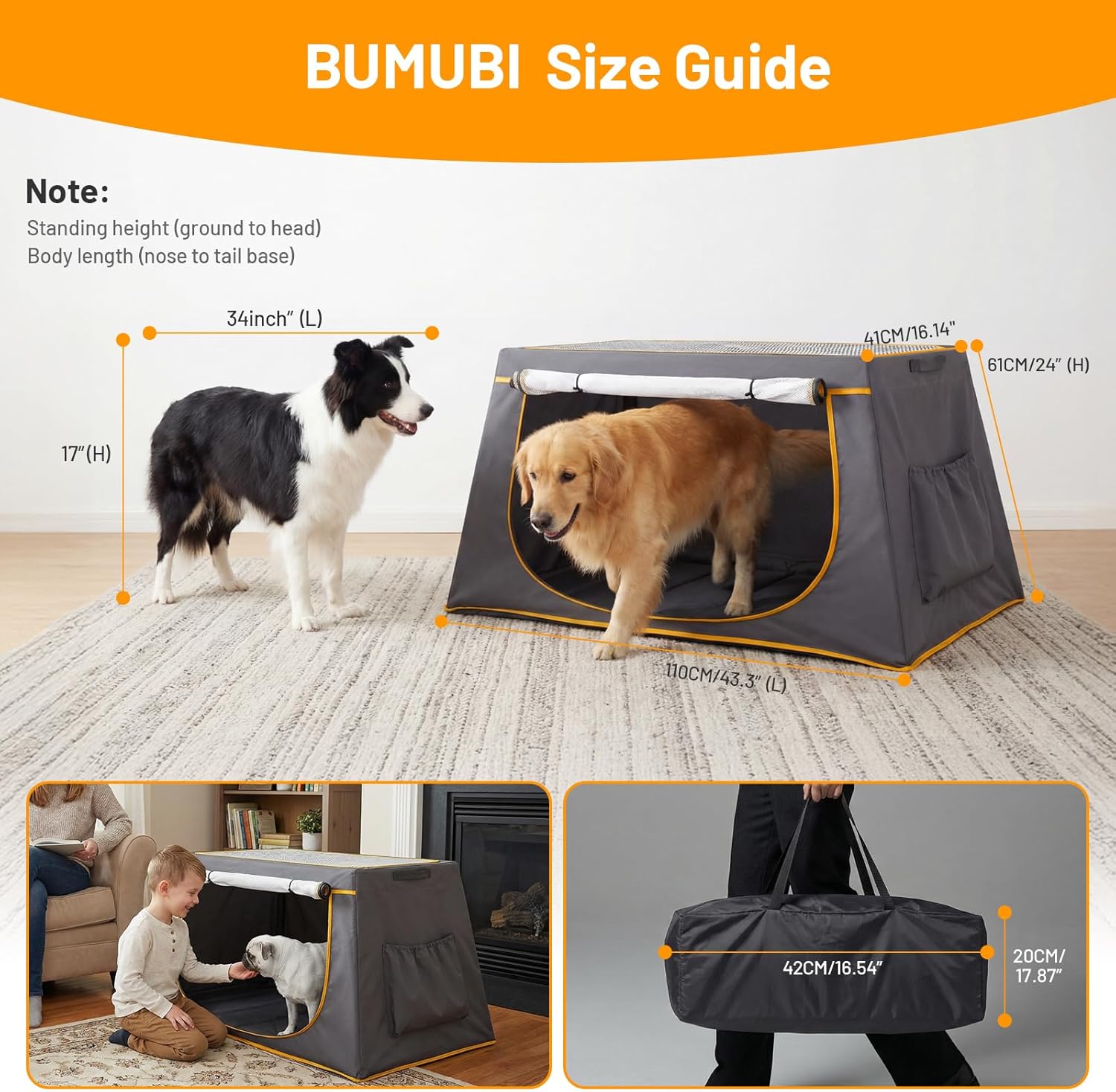 43 Inch Collapsible Travel Dog Crate for Medium Large Dogs, Portable Travel Kennel with Storage Pocket, Mesh Windows for Indoor & Outdoor Travel, 43.3” L x 24 ”W x 16.14 ”H, Dark Grey