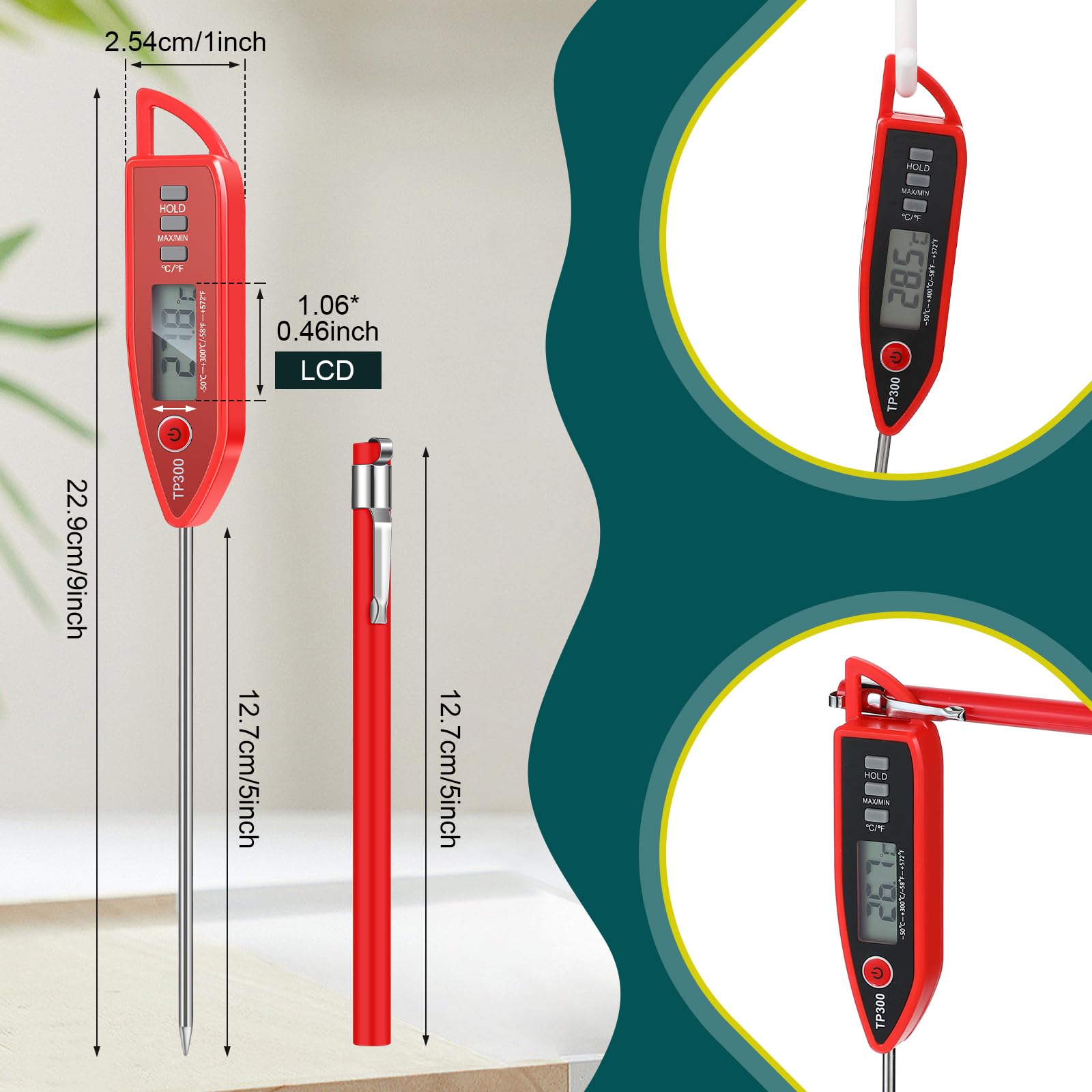 Copkim Lot de 10 thermomètres alimentaires étanches pour eau, liquide, bougie et cuisson de la viande avec longue sonde Thermomètre à lecture instantanée pour cuisine, barbecue, grill, bonbons (rouge)