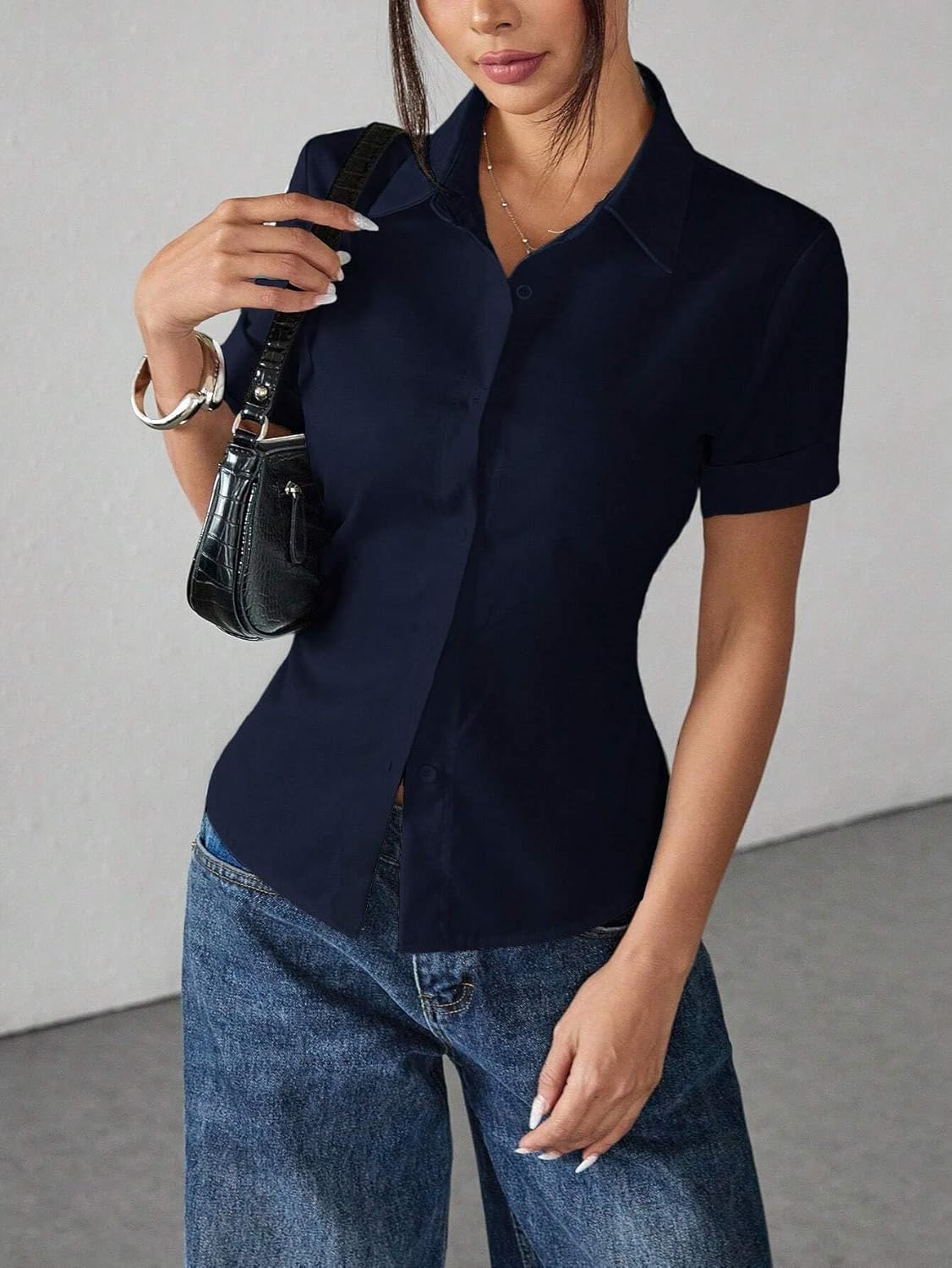 Women's Fashion Blouse Waist Cinch Pleated Short Sleeve Shirt