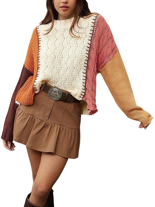 Womens Color Block Sweater Long Sleeve Crew Neck Pullover Loose Cable Knit Tops