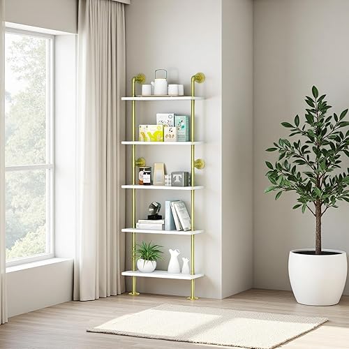 Miniatura 4 de Estantería dorada moderna de 5 estantes, estantería blanca para montaje en pared, estante de escalera con marco de metal, estantes de exhibición