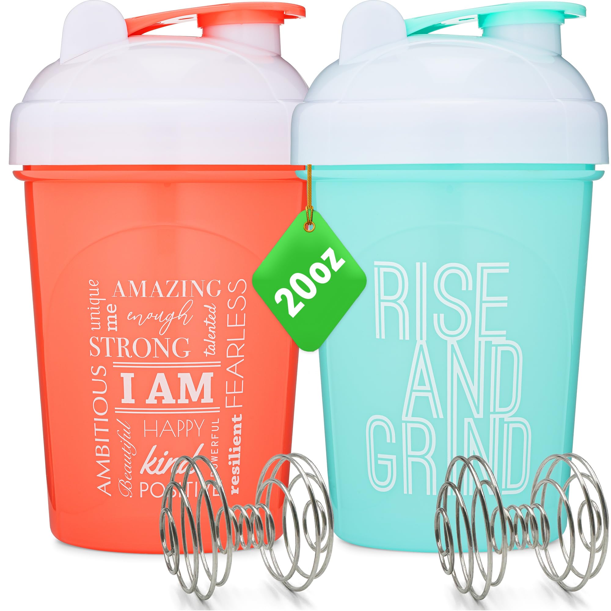 [2 Pack] 20-Ounce Shaker Bottle with Motivational Quotes (Coral & Mint) | Protein Shaker Bottle with Mixer Agitators | Blender Shaker Bottle for Protein Mixes Pack is BPA Free and Dishwasher Safe