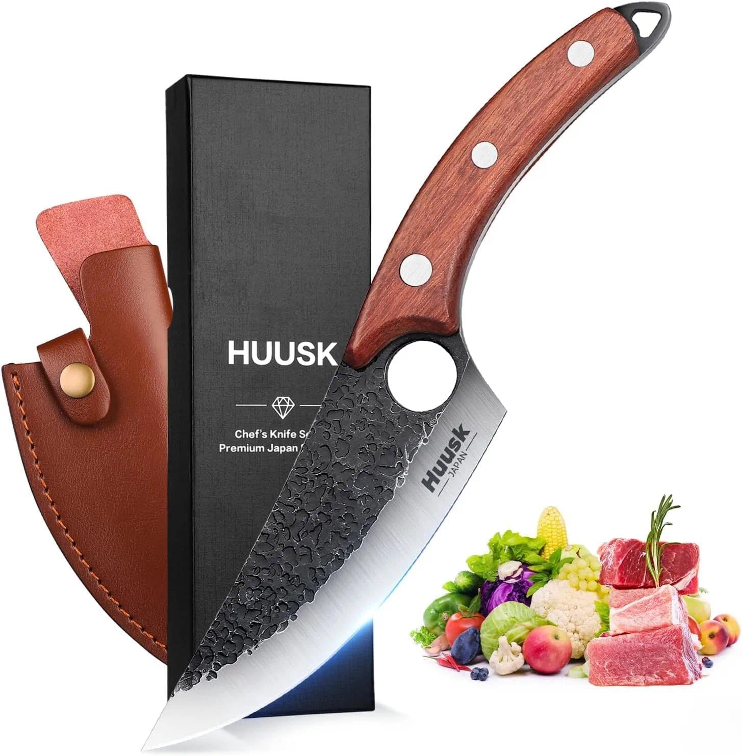 Huusk Viking Knives Hand Forged Boning & Chef Knife - Full Tang Japanese Blade with Sheath - Butcher Meat Cleaver - Camping & Kitchen Christmas Gifts for Men and Women