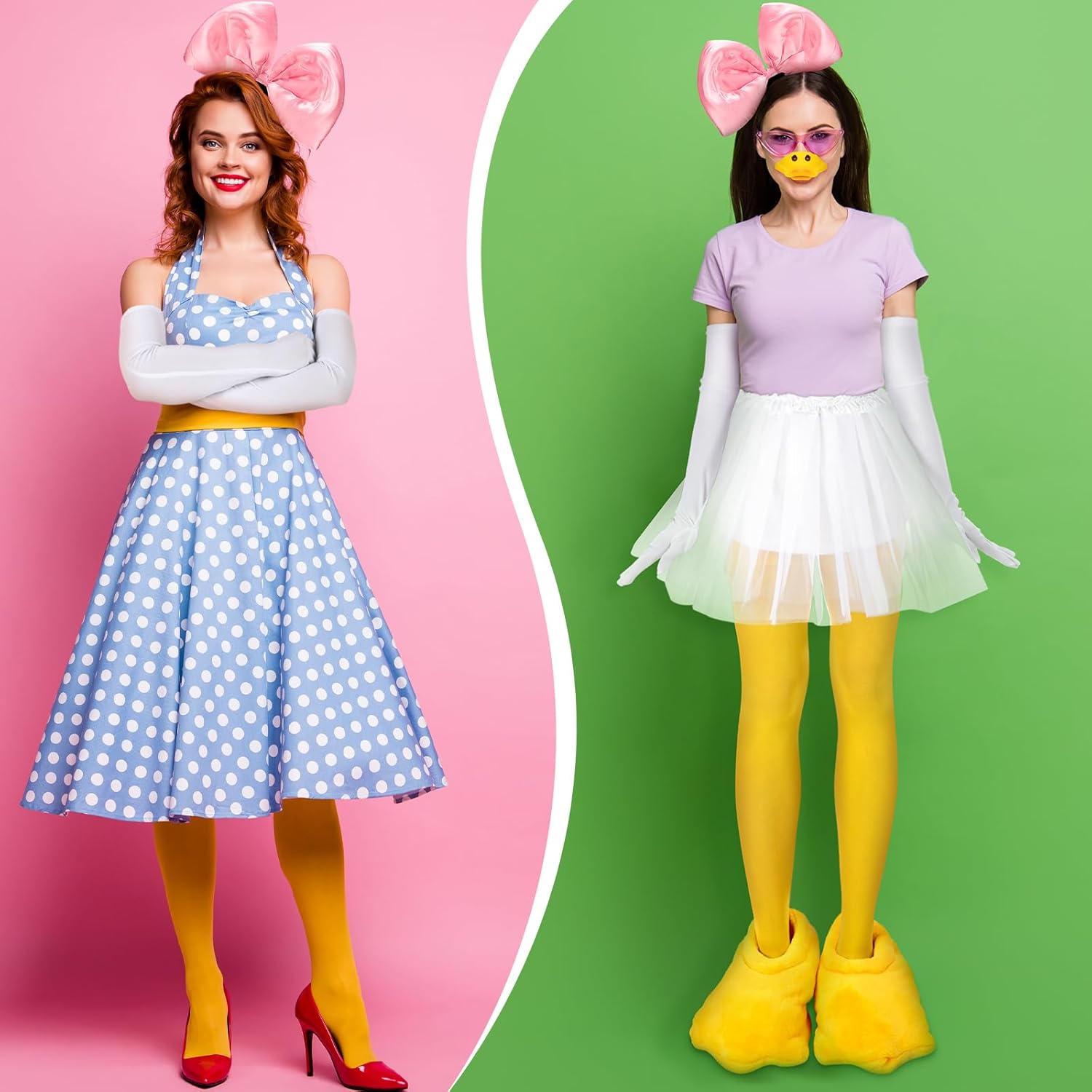 6 Pcs Halloween Duck Costume Set Includes Duck Nose House Slippers Footed Tights Bow Headband Bowknot Hair Hoop Elbow Length Party Gloves Layered Tulle Tutu Skirt for Women Adult Cosplay