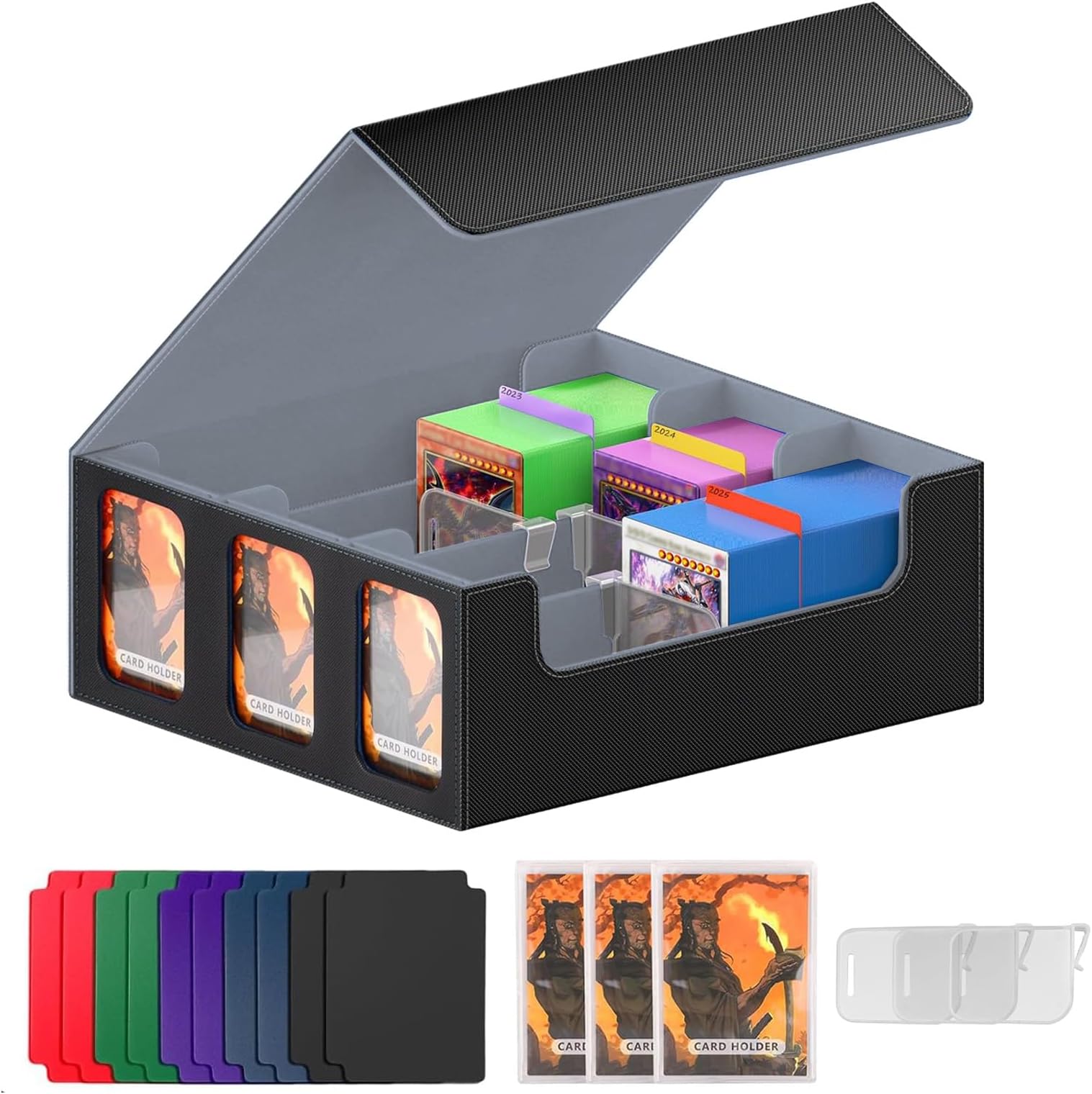 – Card Deck Box with Display Window, MTG Deck Storage Box Holds 2400+ Cards, PU Leather Commander Card Collection Box with Magnetic Closure for MTG, YuGiOh, TCG(B-Grey)