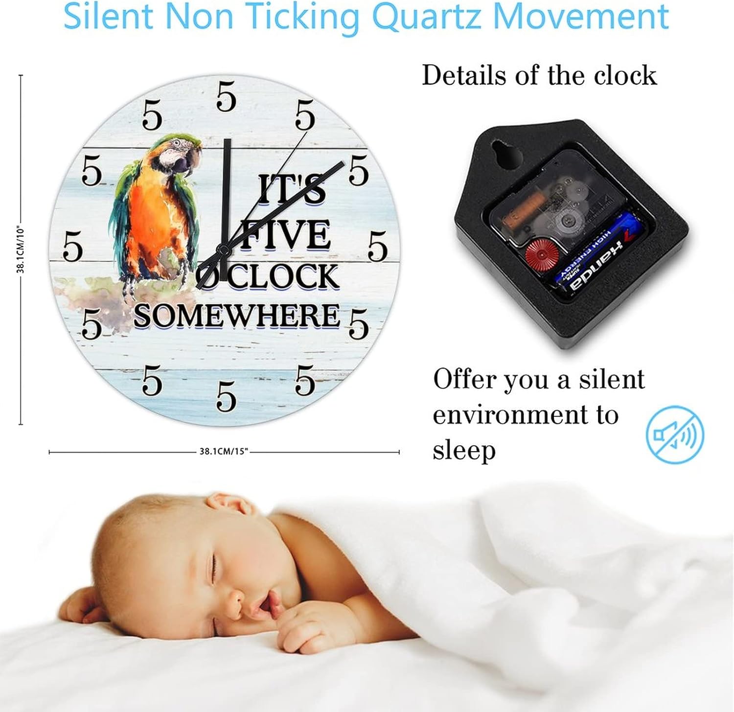 Wood Clock It's 5 O'Clock Somewhere Parrot Indoor Wall Clocks Battery Operated Quartz Quiet Beach Parrot Paradise Round Clock for Home Living Room Office Decoration 15 Inch