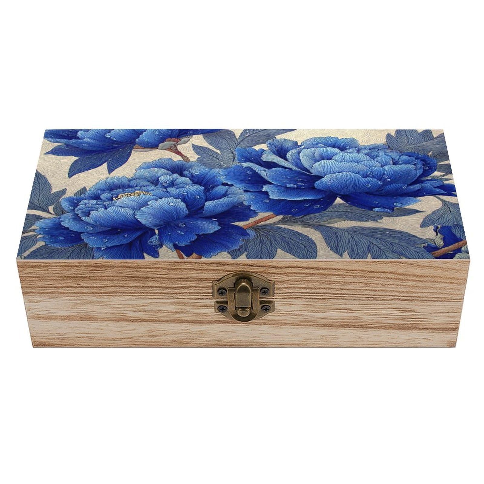 Ahdyr As Pic Blue Peonies Wooden Storage Box With Hinged Lid And Front Clasp Large Keepsake Box