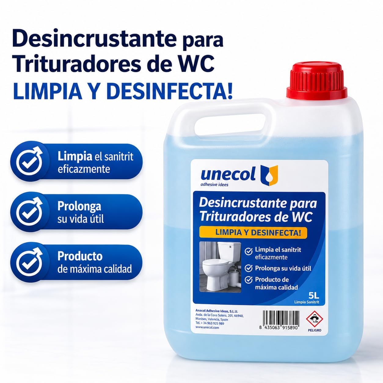 UNECOL - Desincrustante WC Triturador 5L | Antical Potente para Inodoro Sanitrit | Limpieza Profunda y Mantenimiento Triturador Sanitario Elimina Cal Previene Averías