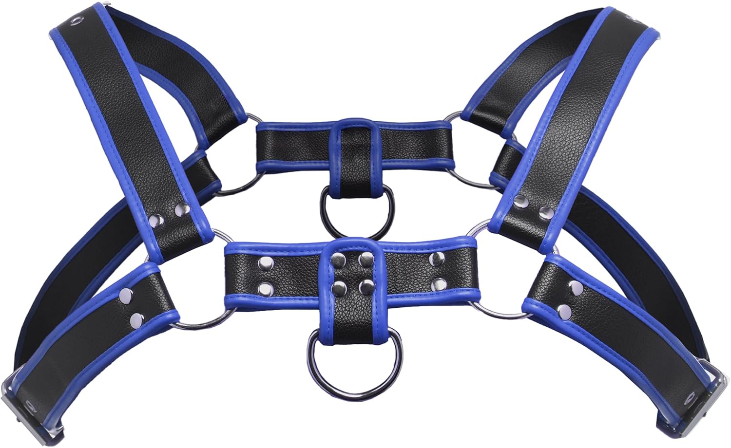 Master Series Bulldog Harness – Blue Adjustable Vegan Leather Harness with Dual D-Rings – Strong Fetish Chest Harness for Puppy Play, Costume Wear, or Kink Accessories
