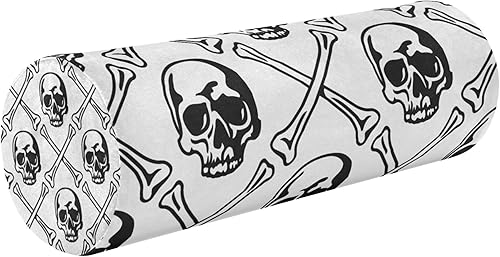 JUNZAN Skull and Crossed Bones White Knee Bolster Pillow for Legs Yoga Neck Roll Pillow Round Pillow Insert 17 Inch for Back Support Cylinder Neck