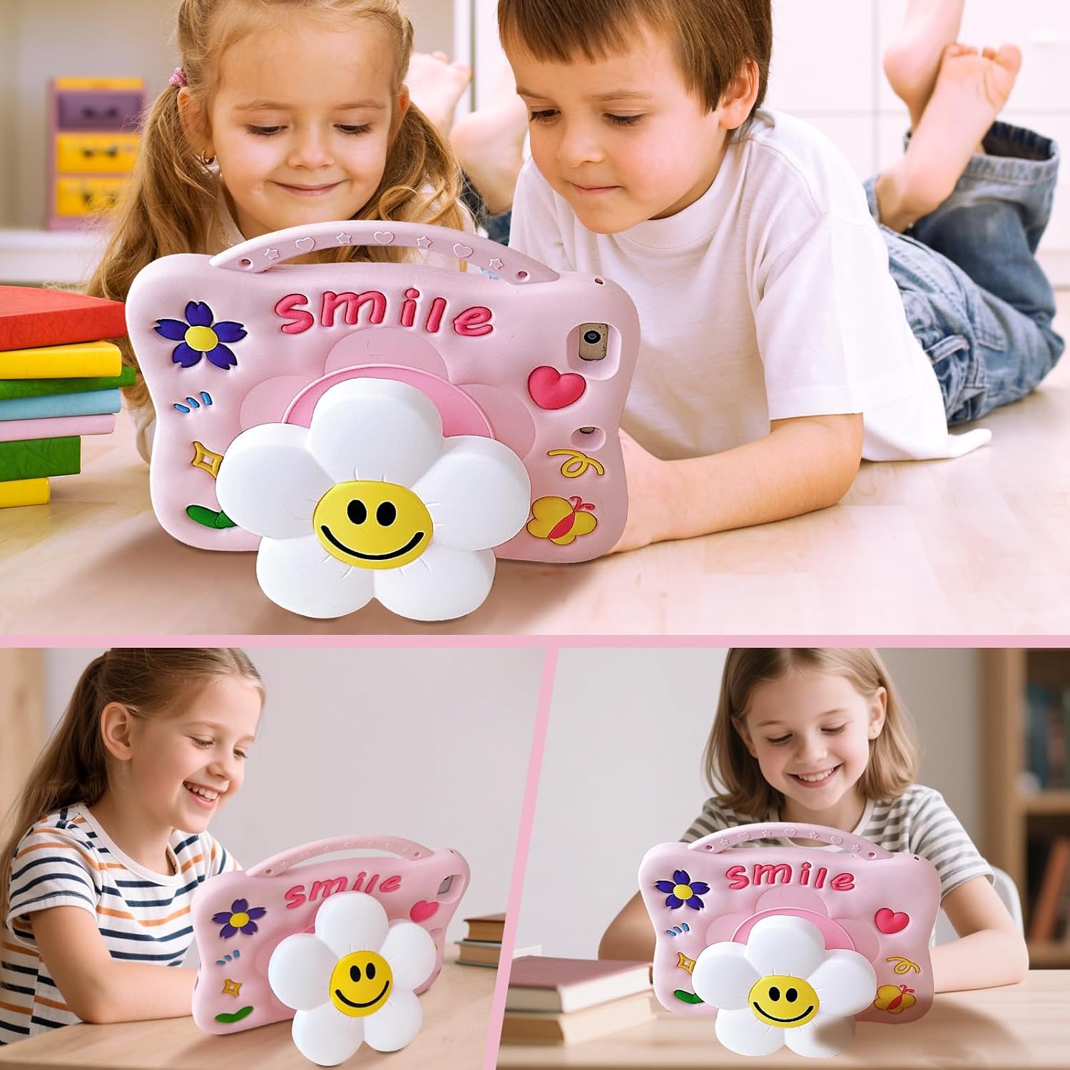 Case for iPad (A16) 11th Generation 11 Inch 2025, iPad 10th Generation 10.9 inch 2022, Full-Body Shockproof Kids Case for Pencil Holder & Adjustable Shoulder Strap, Smiley Flower