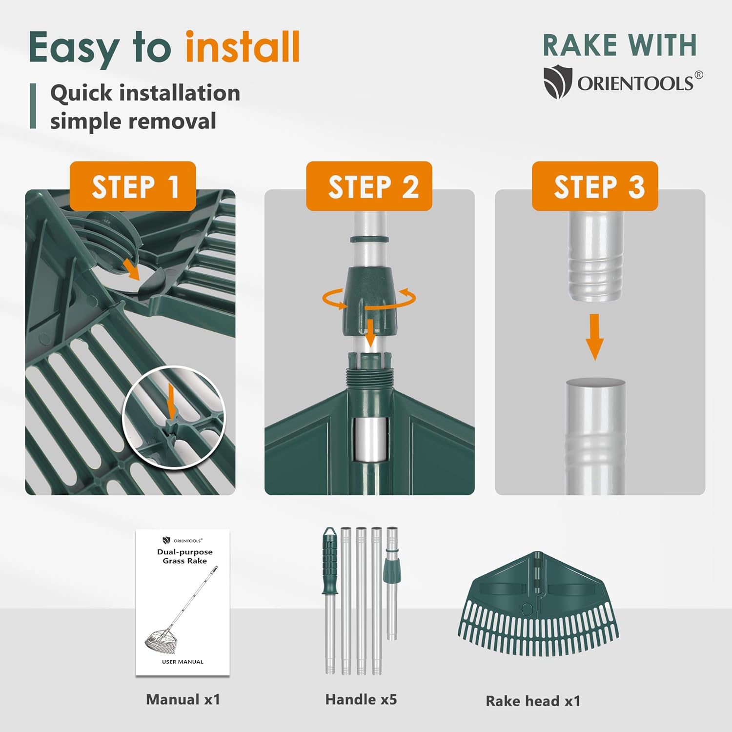 ORIENTOOLS 69" Adjustable Leaf Rake with 5-Section Handle, 26-Tine Durable Plastic Head, Dual-Use Design Converts to Leaf Scoops, Lightweight Yard Rake for Lawns, Grass, Shrubs & Garden Cleanup