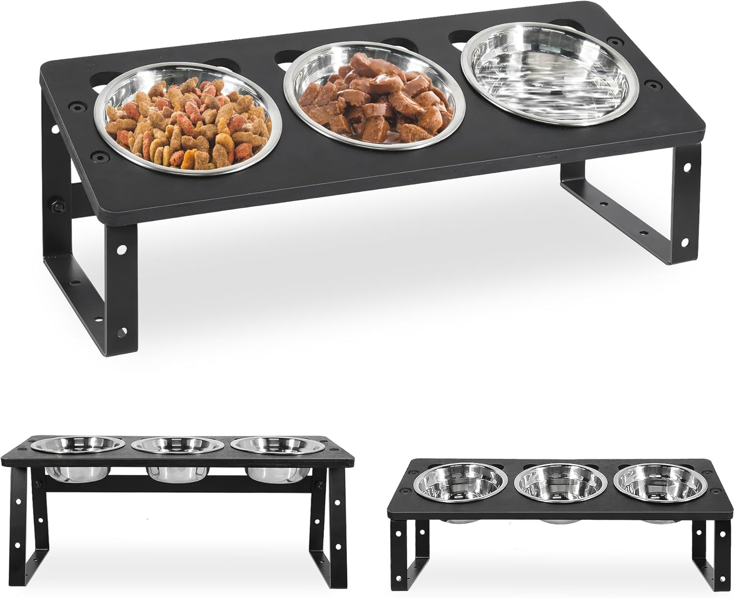 Elevated Cat Bowls, 15°Tilted Raised Cat Bowls for Food and Water, Pet Bowls for Indoor Cats Puppy, Adjustable Dog Bowls Stand with 3 Stainless Steel Feeder Bowls Anti Vomit Dishwasher Safe