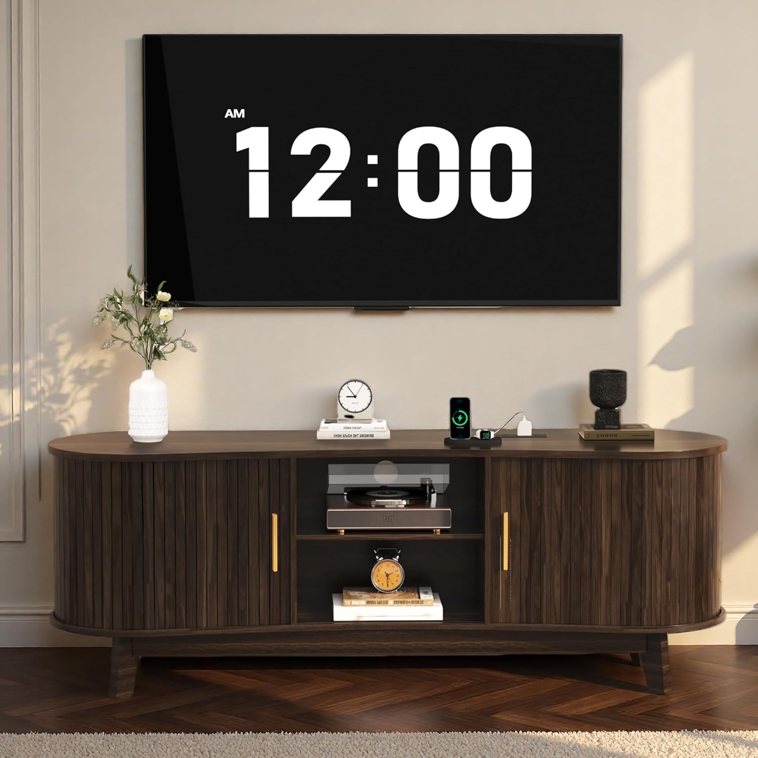 Mid Century Modern TV Stand, Fluted TV Stands with Open Shelves and Sliding Door for 65 Inch TVs, Media Cabinet with Power Outlet, Entertainment Center with Storage for Living Room, Walnut