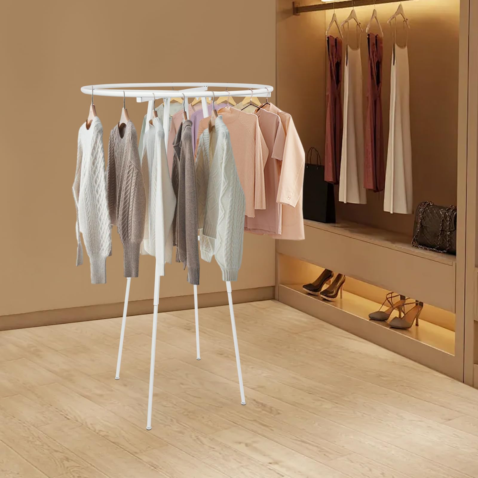 BAITGMYING 36-Inch Round Clothing Rack, Commercial Clothing Hanging Rack, Horizontal Gliding Floor Standing Alloy Steel, Chrome Clothing Rack, For Bedrooms, Clothes Display, Laundry (White)