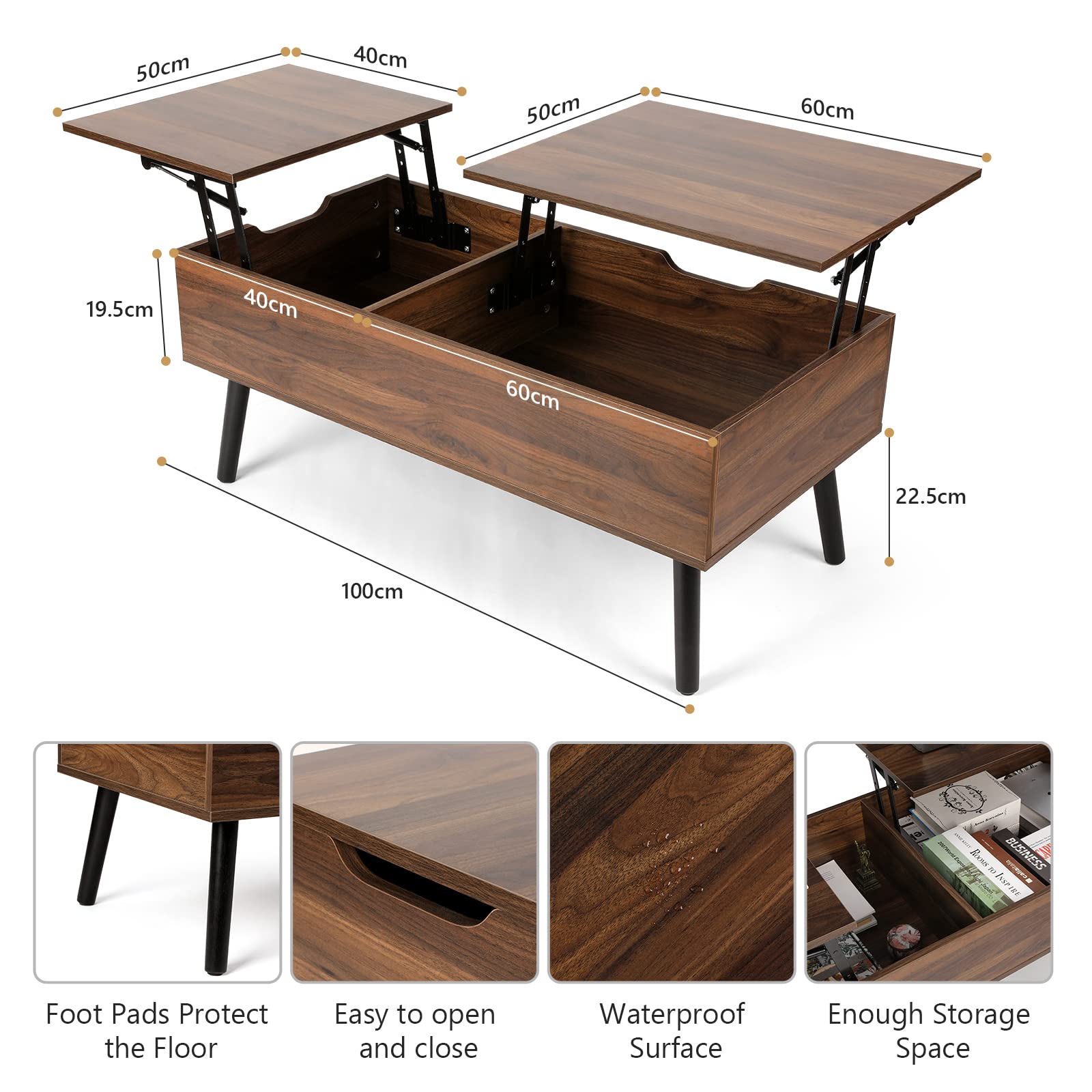 VOWNER Table Basse Relevable Extensible Noix | Double Plateau Réglable en Hauteur avec Compartiment de Rangement Caché