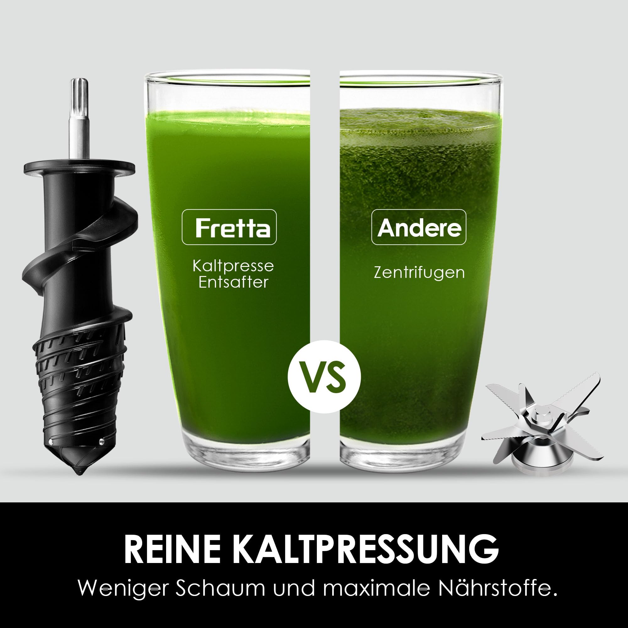 Fretta Entsafter Slow Juicer Entsafter Gemüse und Obst Testsieger Edelstahl | BPA-frei,Abnehmbare, Spülmaschinenfest,76mm Öffnung,Ganze Früchte,Hohe Saftausbeute,Leistungsstarke 200W,Leise,Umkehrfunktion