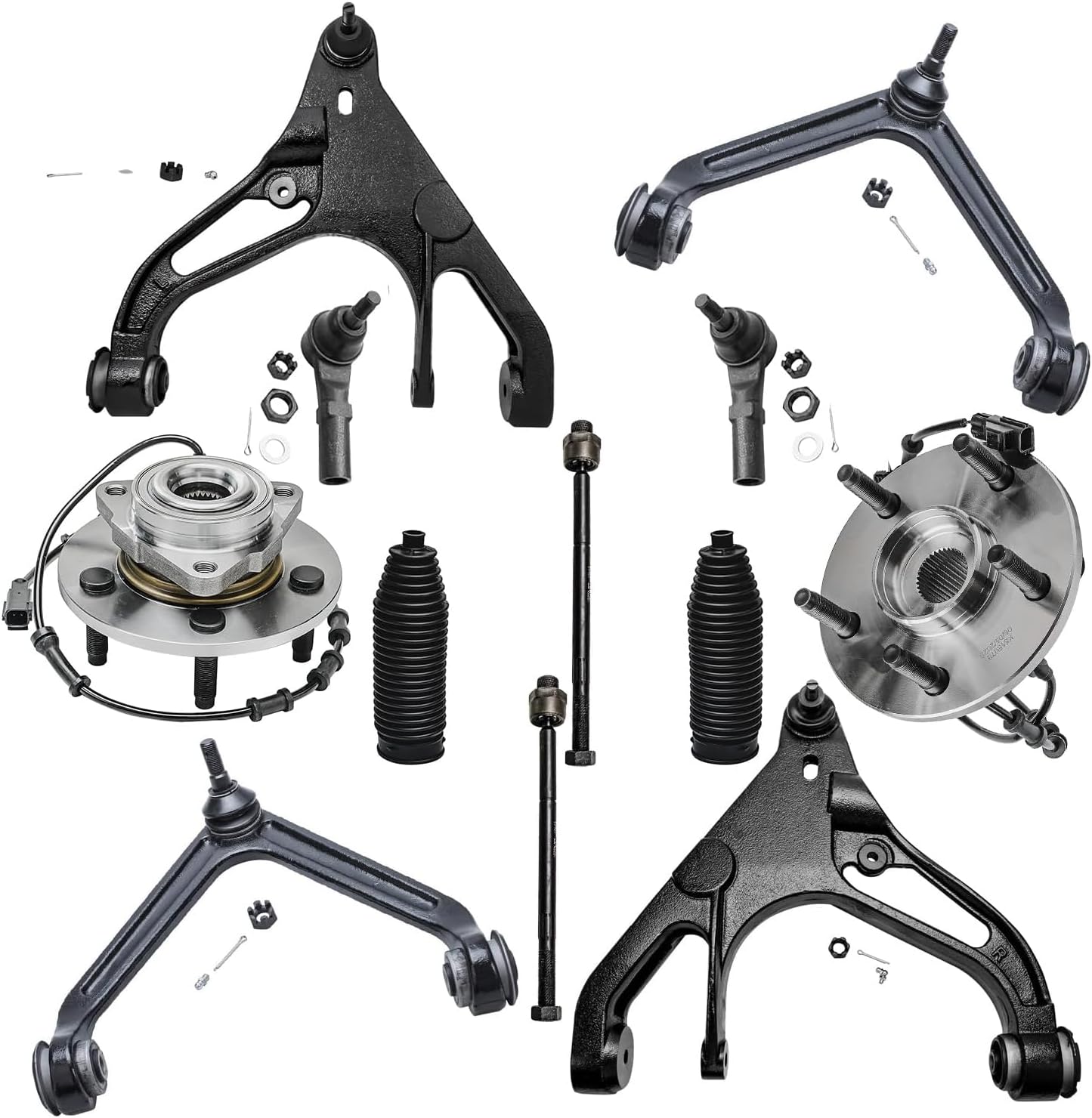 Detroit Axle - 4WD Front End Suspension Kit for 02-05 Dodge Ram 1500, Wheel Bearing and Hubs Control Arms w/Ball Joint Outer Tie Rods Boots 2002 2003 2004 2005 Replacement - 12pc Set