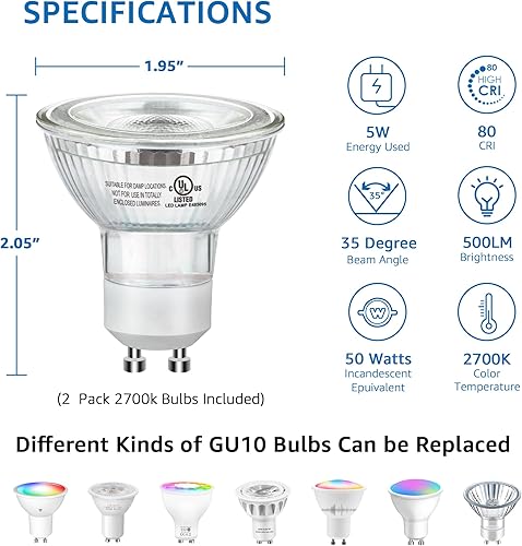 Miniatura 7 de SUNVIE Paquete de 2 luces ascendentes para interiores con bombillas LED GU10 de 2700 K, luces de 5 W para interiores para iluminación de acento del