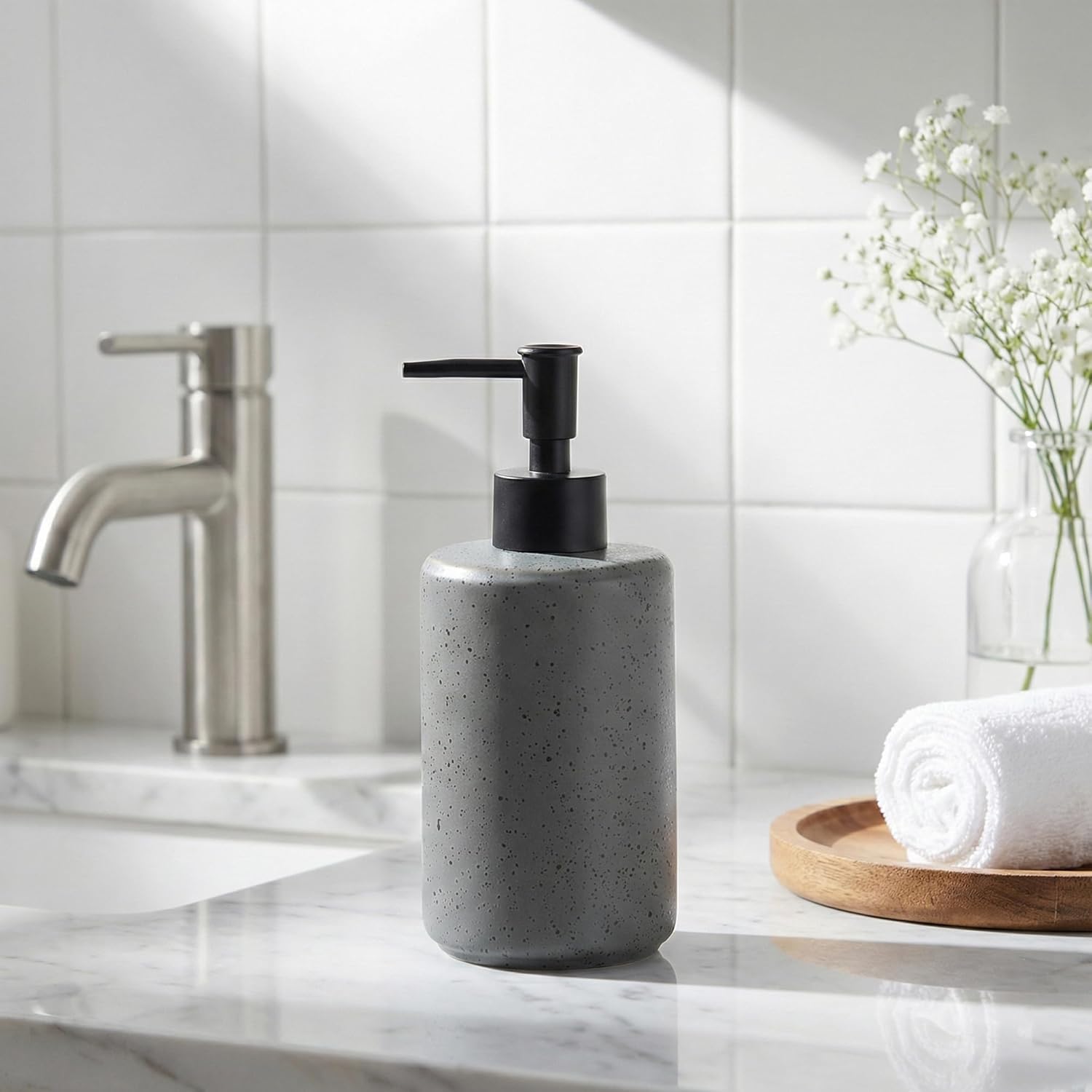 Bathroom Hand Soap Dispenser Set, 14oz Speckled Dish Soap Dispenser for Kitchen, Ceramic Liquid Soap Pump Bottle for Shampoo, Lotion, Conditioner, Modern Farmhouse Bathroom Decor