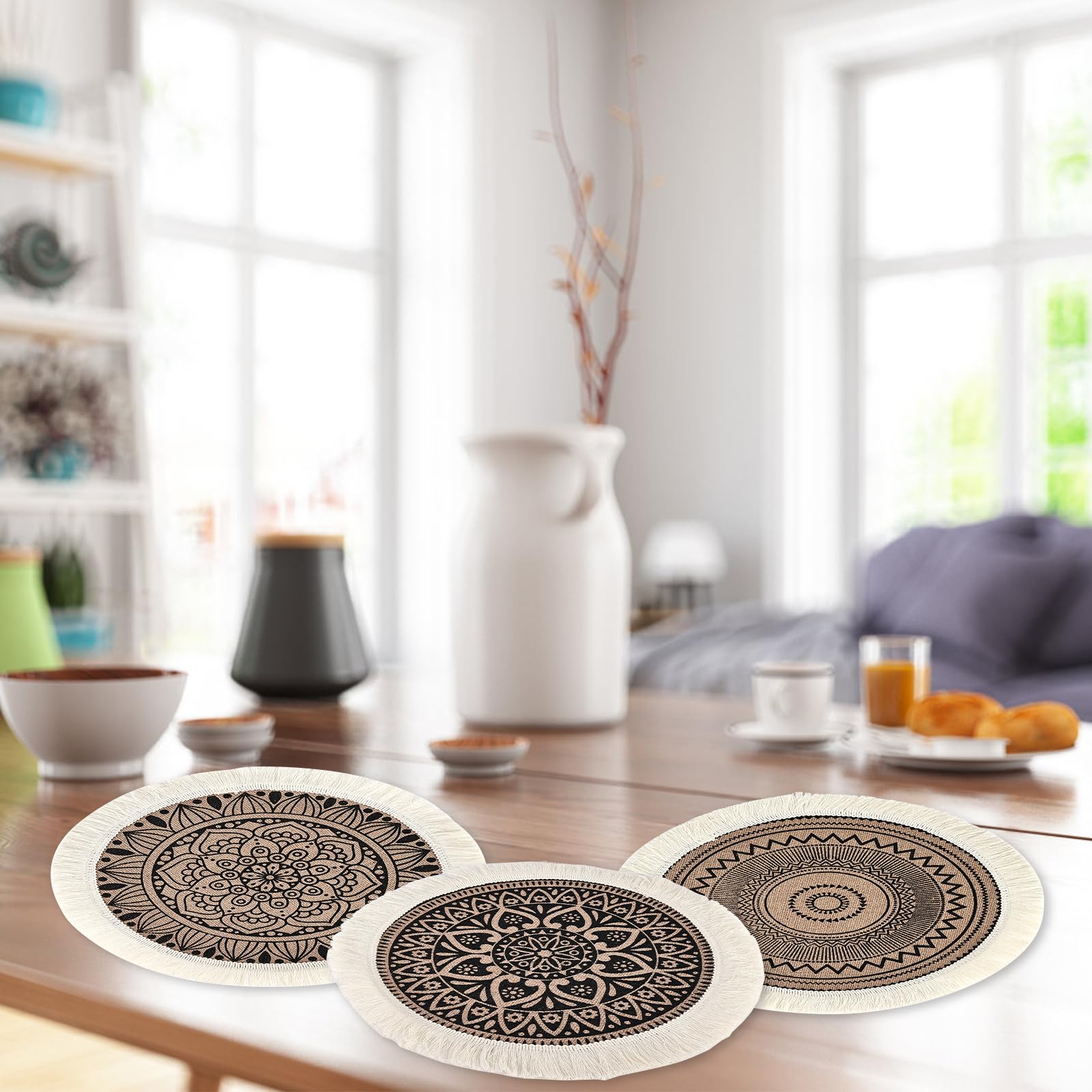 9 Sets De Table Ronds Mandala - Protection Thermique - Diamètre 38 Cm - Motif Bohème Avec Franges
