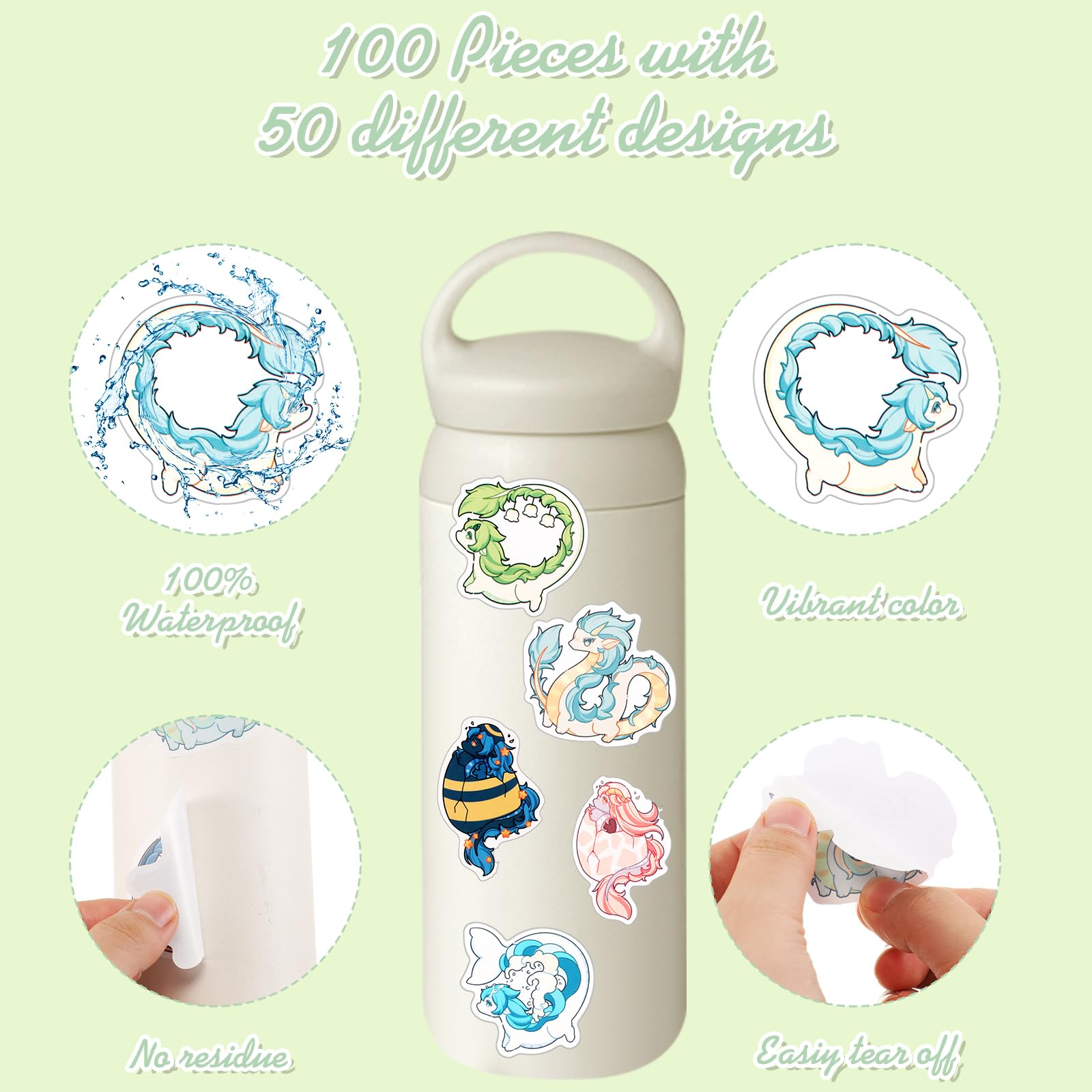 Resurhang 100 calcomanías de dragón, impermeables, de dibujos animados, para botellas de agua, lindas calcomanías de dragón de vinilo, regalos para niñas, niños, adolescentes, laptop, teléfono