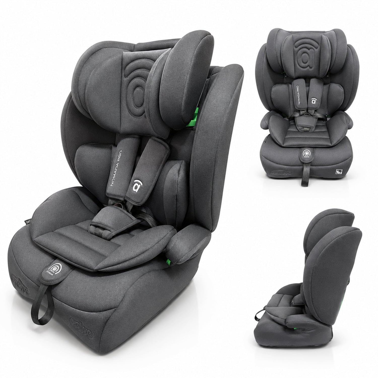 Silla de Coche i-Size 76-150 cm (15 meses–12 años) Grupo 1 2 3, Ligera 5 kg, Instalación con Cinturón, Arnés 5 Puntos, Protección Lateral – Asalvo Nómada Pro Gris