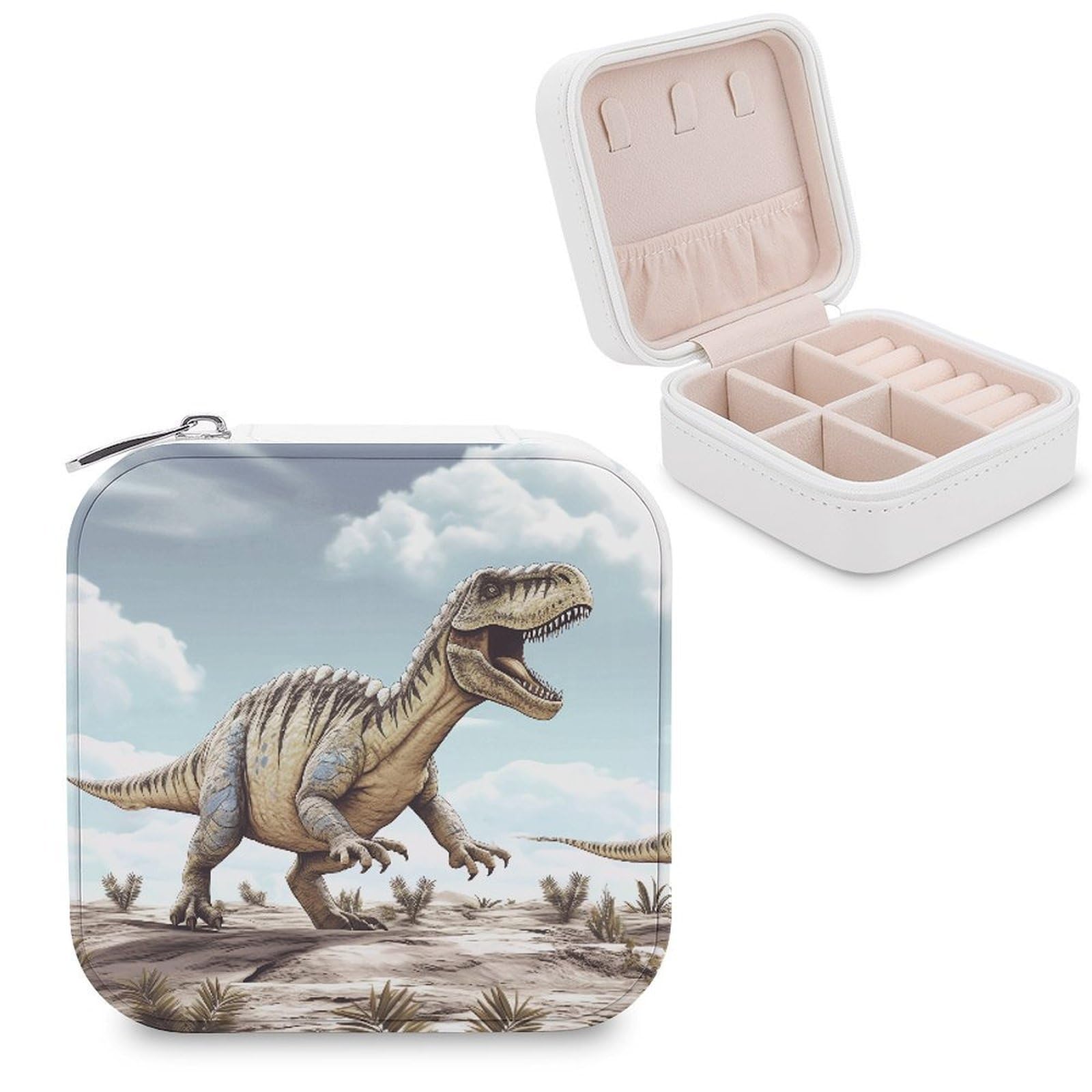 VstaDank Dinosaur Walking Dinosaur Walking Travel Jewelry Case Zipper Portable Small Jewelry Box Custom Pu Leather Mini Traveling Jewelry Organizer for Rings Earrings Necklace Bracelet Girls Women