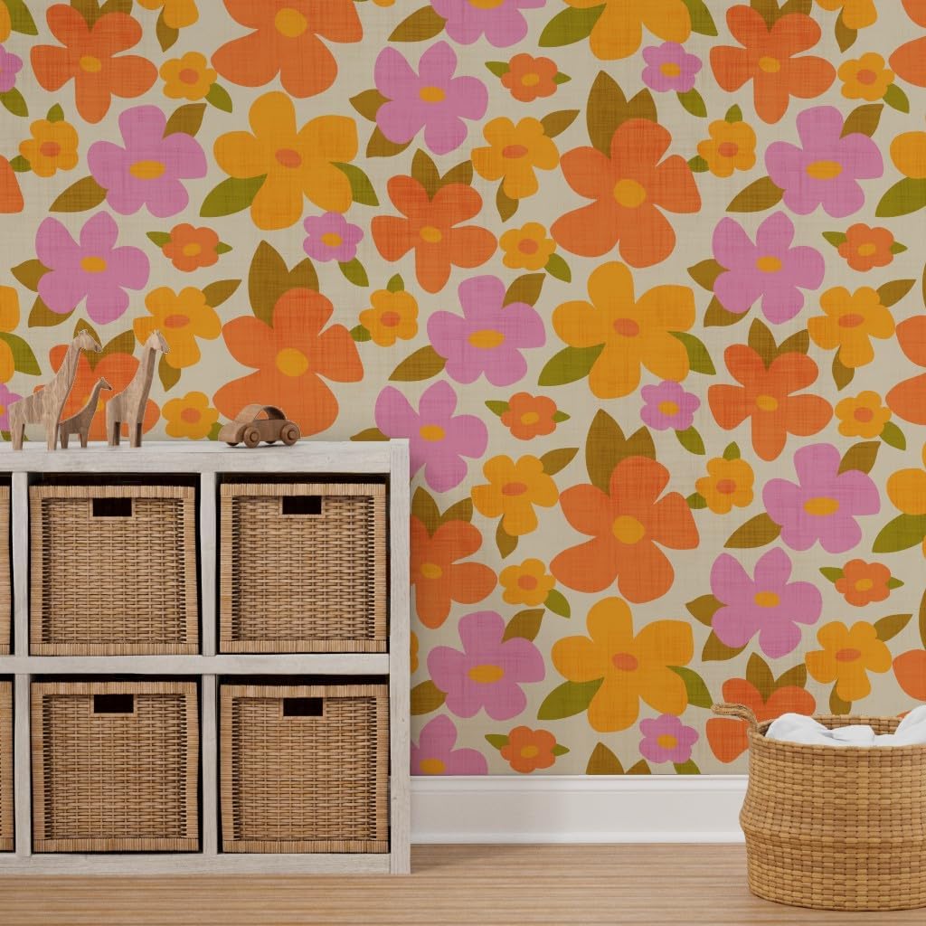 Spoonflower Peel & Stick Wallpaper 3ft x 2ft - Large Abstract Retro Flowers Pink Orange Flower Vintage Floral Custom Removable Wallpaper