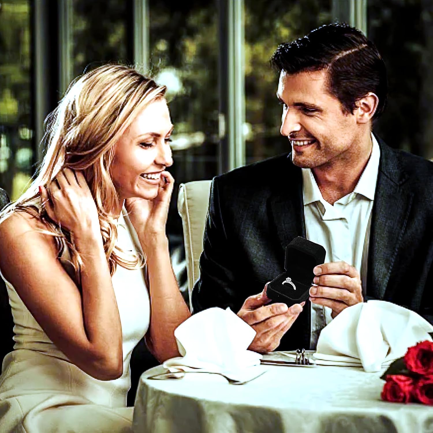 50 Pcs Velvet Ring Box 2.17 x 1.97 x 1.57 inch Display Jewelry Storage Case with Cleaning Cloth for Wedding Engagement Christmas Gifts (Black)