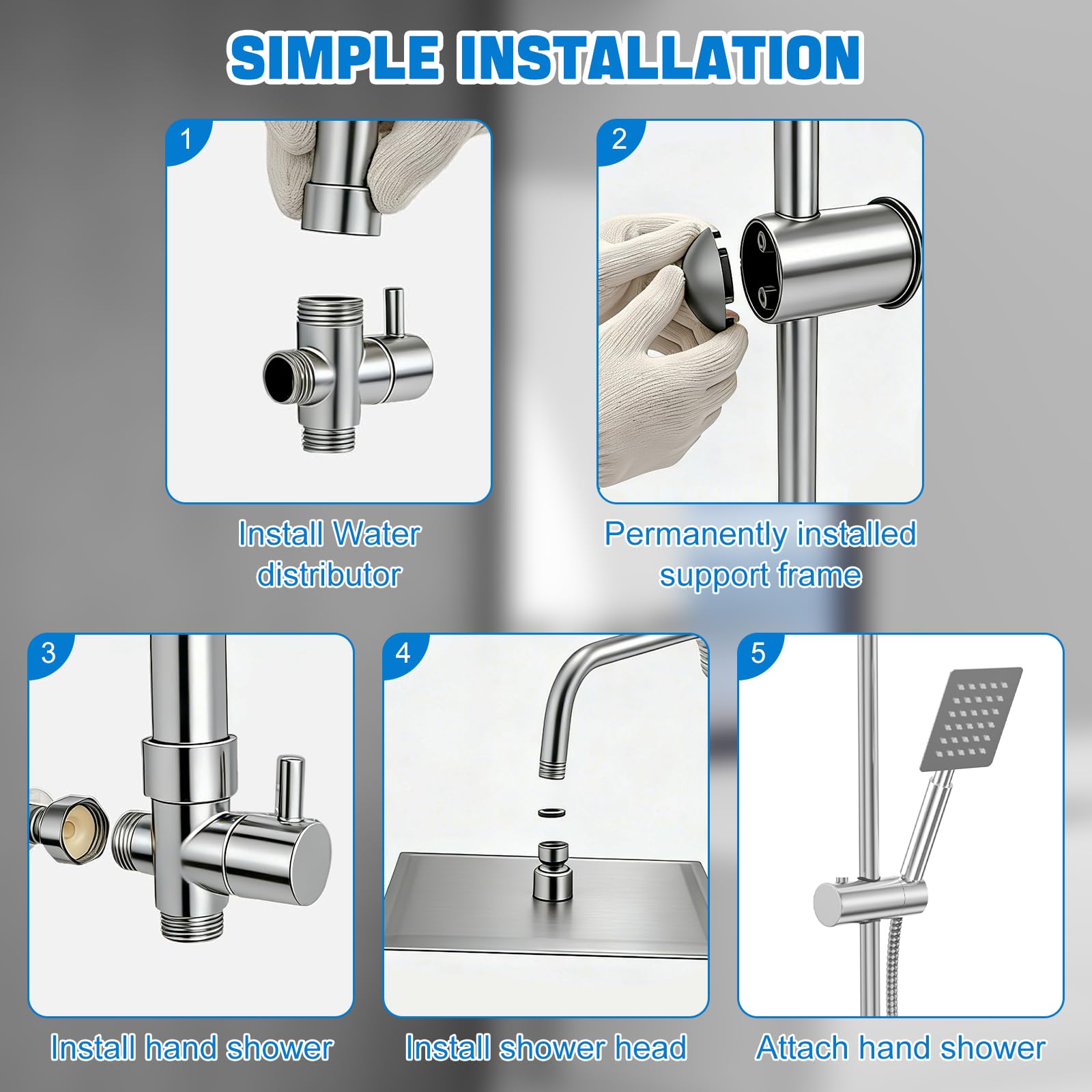Columna Ducha Completa sin Mezclador, Duchas de Baño Columna en Acero Inoxidable, Cromado con Cabezal de Lluvia 30x30 cm y Soporte Ajustable