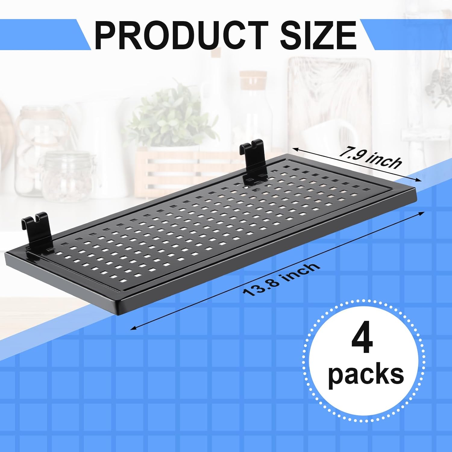 Coume 4 Pack Gridwall Perforated Shelf, 13.8'' x 7.9'' Black Metal Display Rack Heavy Duty Hanging Gridwall Straight Shelf Grid Wall Accessories for Craft Show Fair Garage Home Retail Display Storage