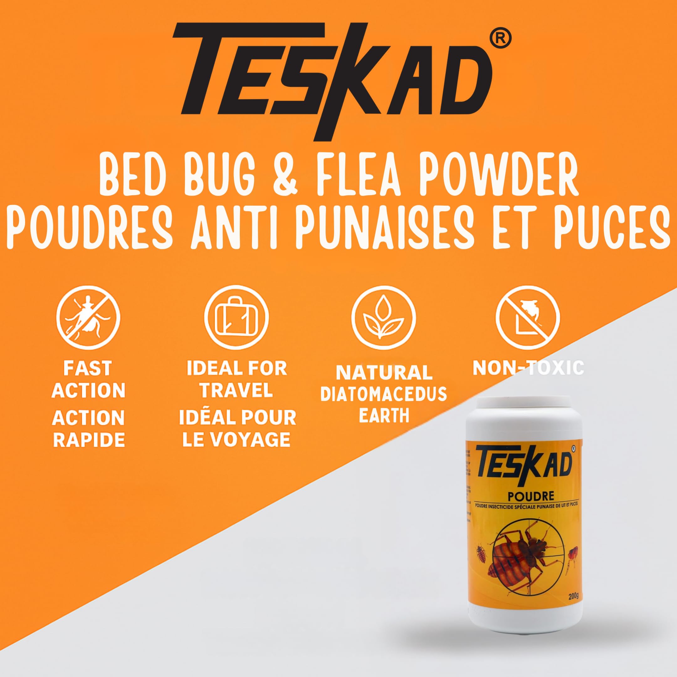Poudres anti punaises de lit et puces Teskadust 200g (1) – Formule à Base de Cyphénothrine – Action Choc par Contact – Utilisation Directe sur Matelas, Plinthes, Fissures et Sacs à Vêtements