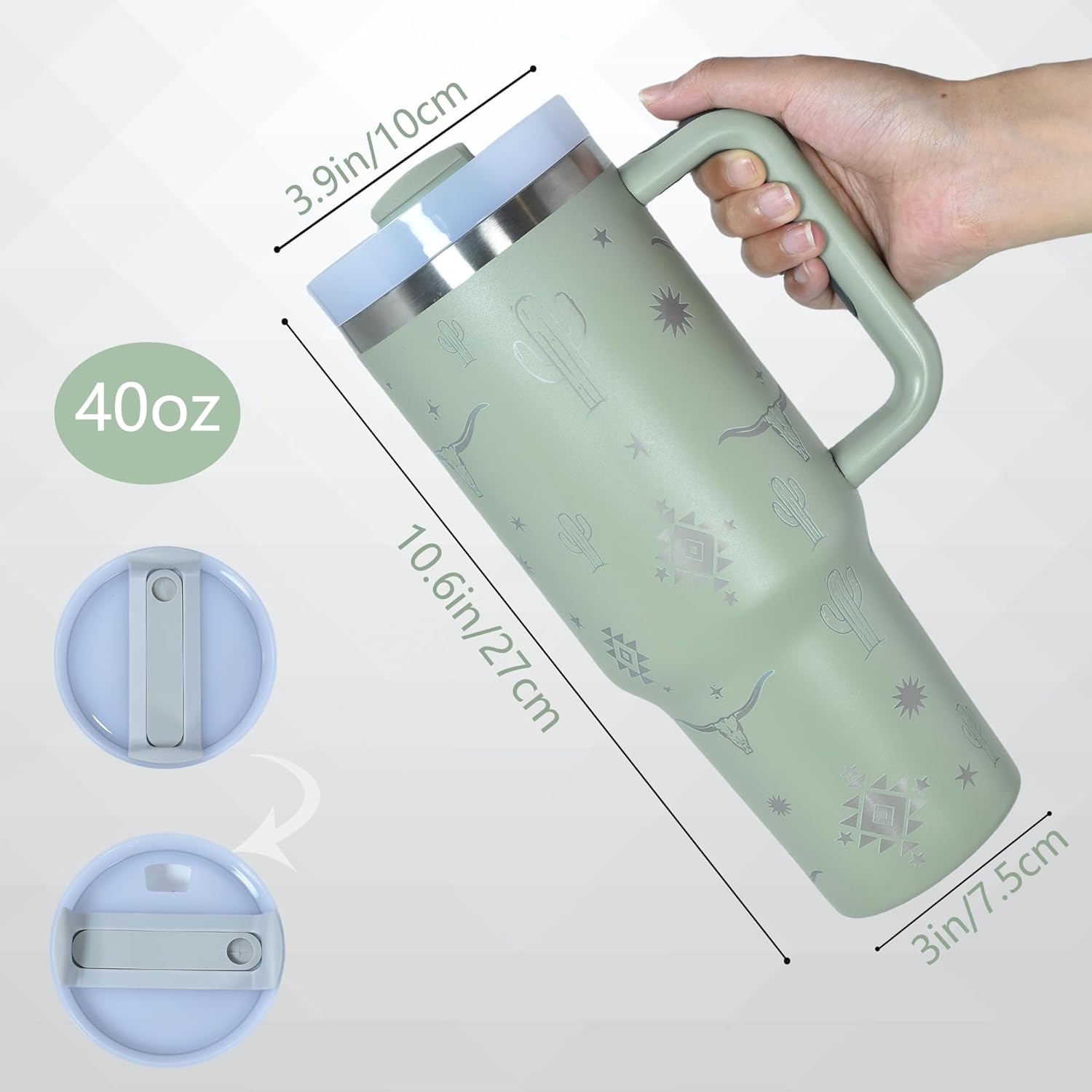 AGH 40 OZ Tumbler with Handle Laser Bull Head Pattern, Stainless Steel Insulated Cup with Straw, Travel Coffee Cup Portable Car Tumbler for Outdoor Camping, Birthday Gift (Rose Quartz) - Image 4