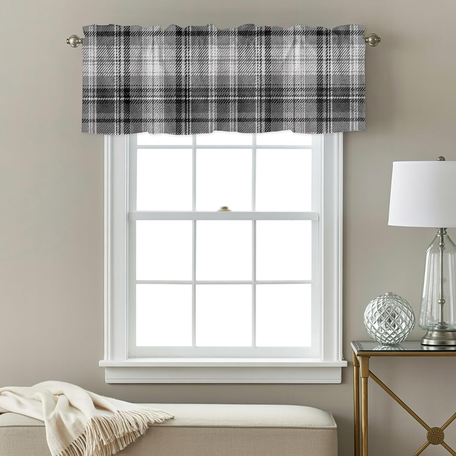 Curtain Valance 42" x 12", Gray Black Buffalo Plaid Window Valances Rod Pocket Curtains Drapes, White Farmhouse Modern Striped Short Topper Curtain for Kitchen Cafe Living Room, 1 Panel