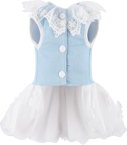 Miniatura 7 de Vestido de mezclilla para perro con anillo para correa, falda de princesa de malla de encaje con lazo para cachorro, ropa de moda para mascotas