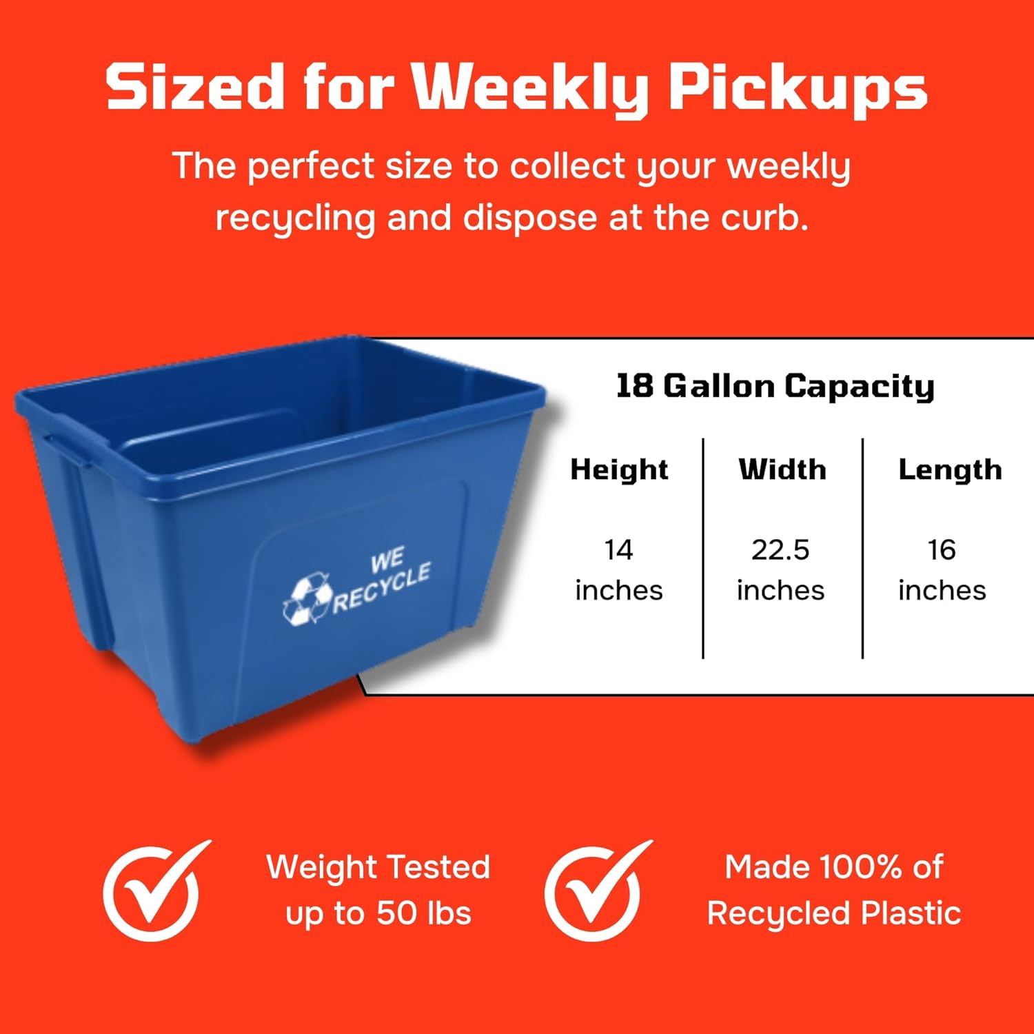 Curbside 18 Gallon Blue Recycling Bin with Carrying Handles for Homes or Businesses | Easily Recognizable from The Curb | High-Capacity, Stackable - Single Unit - Blue