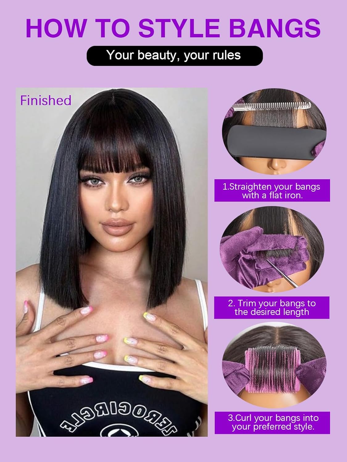14 Inch Yaki Straight Human Hair Bob Wigs with Bangs Glueless 2x4 HD Lace Realistic Short Natural Black Ready to Wear and Go Wigs for Women Beginner Friendly Bangs Wig