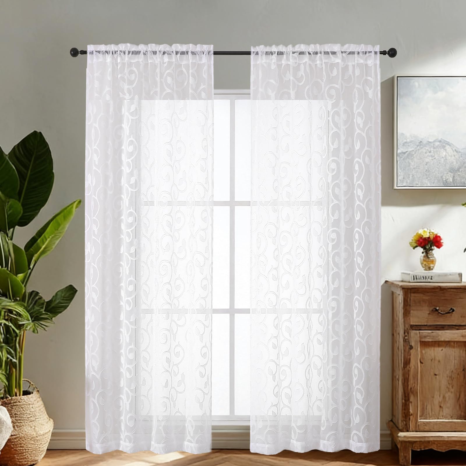 Simplebrand White Sheer Voile Curtains with Embroidered Pattern, 2 Panels 140x200cm, Dual Rod Pocket Light Filtering Tall Window Curtains