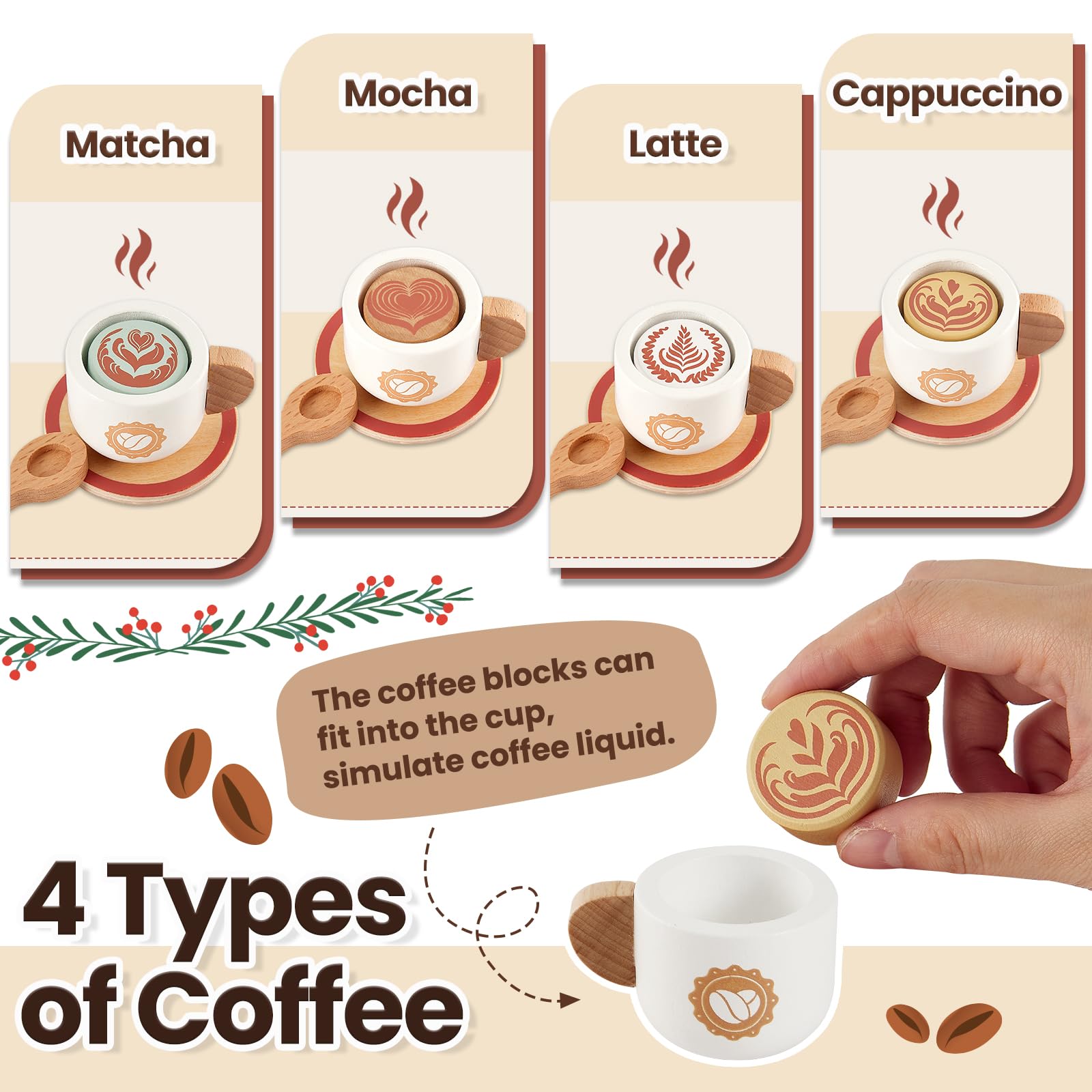 Cafetera de madera para niños, accesorios de cocina, juego de café, juego de té, regalos para niños de 3, 4 y 5 años, niños y niñas 5