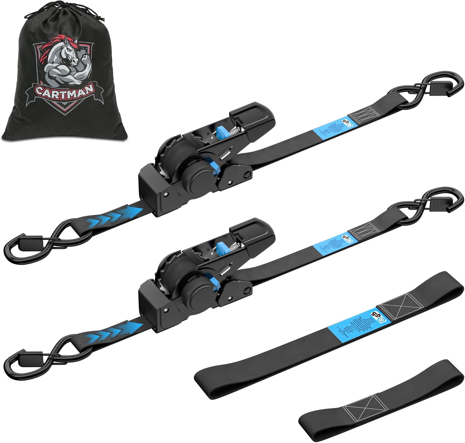 CARTMAN 2-Pack Retractable Ratchet Straps, 2” x 10’ 3000lbs Break Strength, Heavy Duty Tie Down Straps with Soft Loops, Ideal for Trucks, Trailers & Cargo