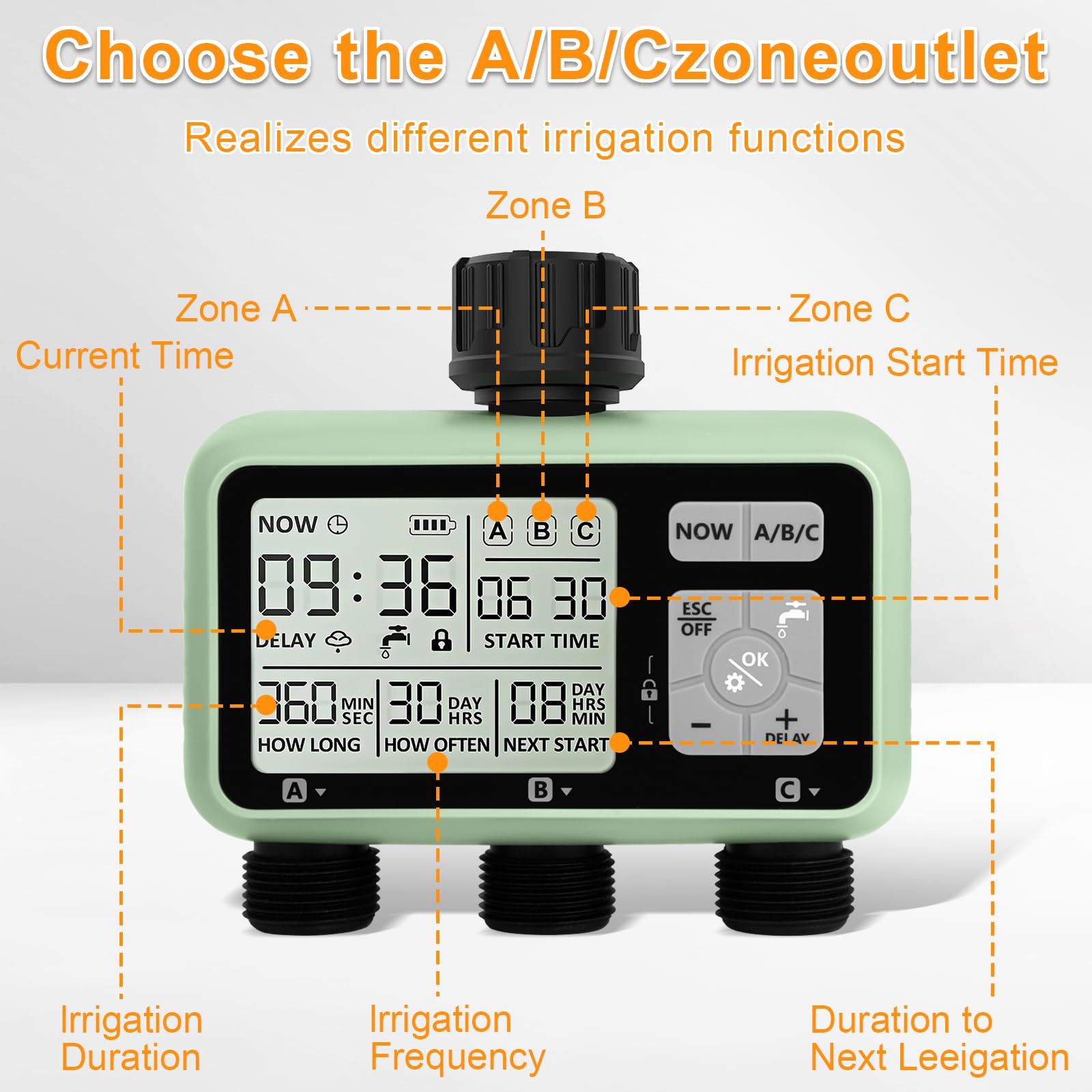 Temporizzatore di Irrigazione Automatico,Timer per l'irrigazione del Giardino con Display LCD,Temporizzatore di Irrigazione Manuale/Modalità Blocco Bambini/Ritardo Pioggia/Impermeabilità IPX5