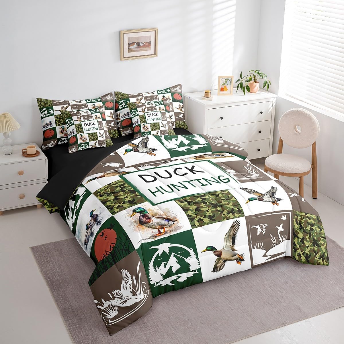 7 Piece Duck Hunting Queen Bed in a Bag Mallard Duck Sheet Set Fishing and Hunting Themed Bedding Comforter for Boys Girls Wild Animal Flying Duck Cushion Covers Rustic Farmhouse Wild Theme Bed Set
