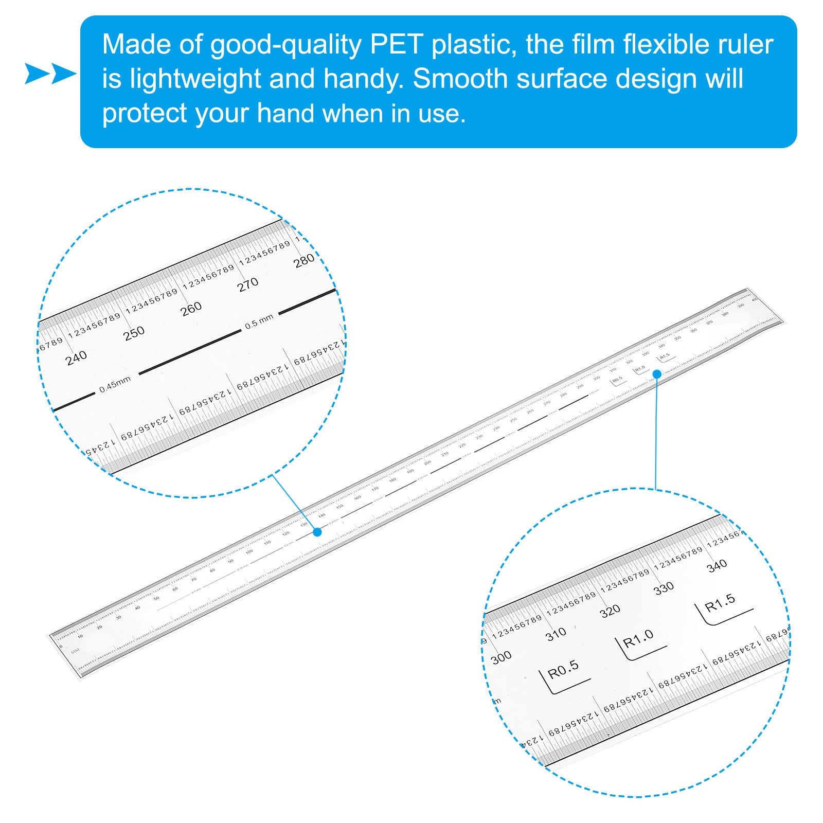PATIKIL Film Flexible Ruler 40cm 0.1mm Scale with R Angle and Width Lines Clear PET Plastic Soft Folding Straight Ruler for Factory Transparent - Image 3