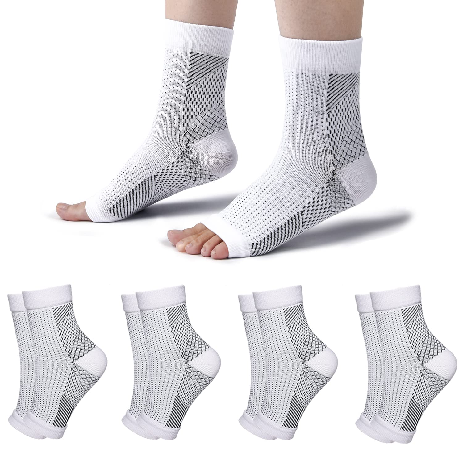 Erik Xian Plantar Fasciitis Socks 4 Pair Ankle Support Brace Socks for Ligament Damage Neuropathy Socks Foot Support Compression Socks for Women and MenοΌS/MοΌ, White