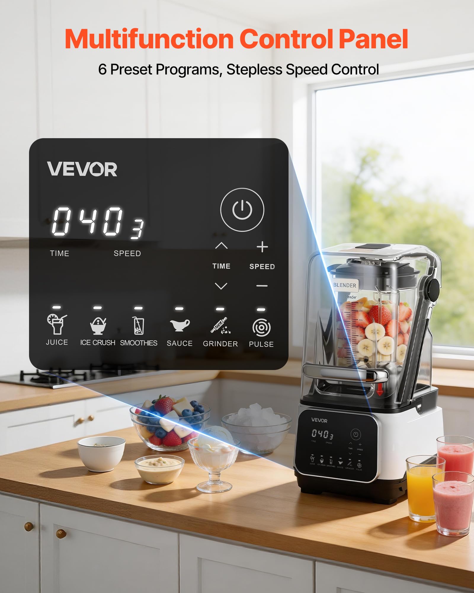 VEVOR Batidora de Vaso con Jarra de 2 L, Licuadora Profesional con Protector, 2200 W, 26000 RPM, Velocidad Ajustable, 6 Programas Preestablecidos para Batidos, Trituración de Hielo, Purés, Blanco